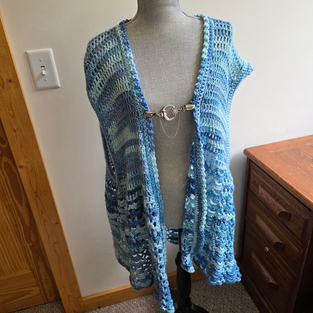 Handmade Crochet Vest Blue Celestial Sun Moon Clip Boho Lagenlook Oversized